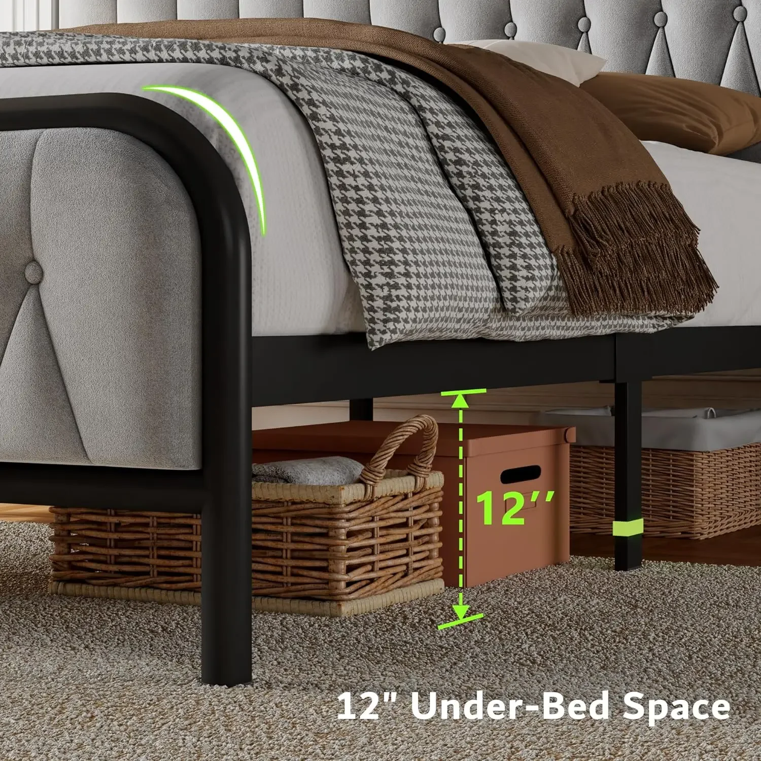 Feonase-Queen Bed Frame com Tipo-C e Porta USB, Metal Plataforma Camas, Veludo Estofados Cabeceira, Footboard, 12 polegadas