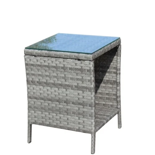 Gray Wicker Outdoor Side Table with Clear Tempered Glass Top, 2-Tier Patio End Table with Storage Shelf for Porch Deck Backyard