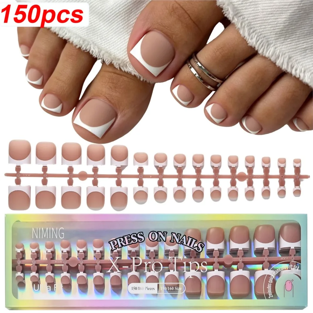 150 Stück matte hellbraune kurze quadratische Press-On-Zehennägel mit weißen French-Tips, weiche künstliche Zehennägel, Größe 15, falsche Zehennagelverlängerungsspitzen