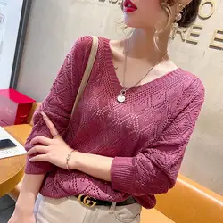 V-neck Hollow Out swetry Knitting Ladies Casual topy jesień cienki temperament t-shirty z długim rękawem seksowna odzież damska 2024