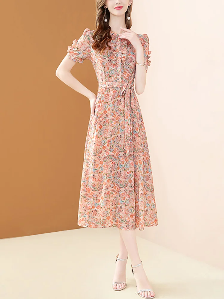 Imagem -05 - Evnisi-vestido Estampado Floral Chiffon Pescoço Babado Renda para Cima Linha a Vestidos Casuais Doces Moda Elegante Novo Verão 2023