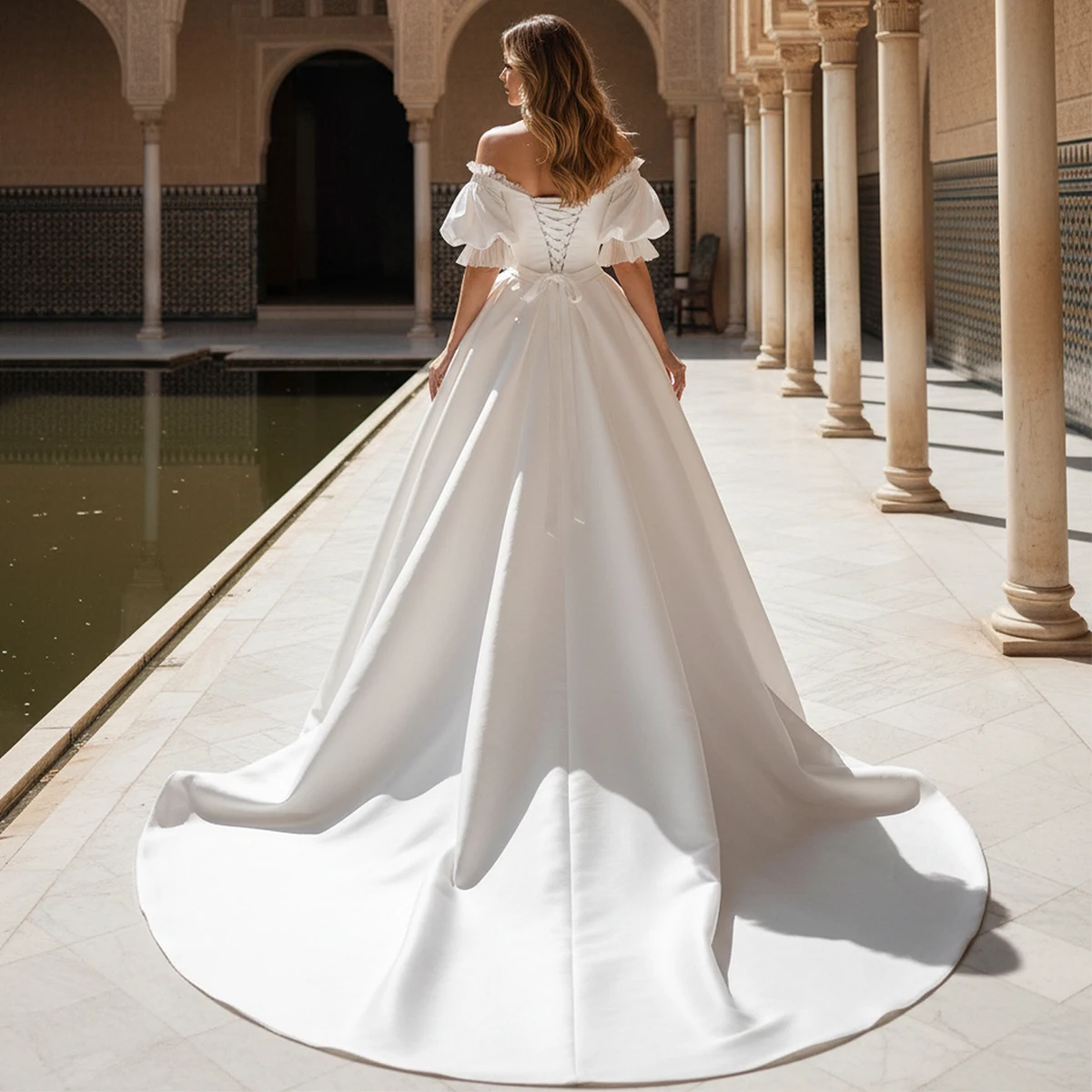Elegant Satin Puffy Sleeve Wedding Dress For Women Long Ball Party Gown For Bride Off Shoulder Bridal Gown Vestidos Novia