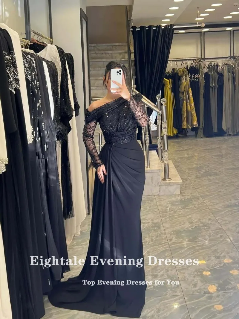 Eightale อาหรับชุดราตรีที่กําหนดเองหนึ่งไหล่เลื่อมลูกไม้ยืด Navy Blue Mermaid Prom Gowns งานแต่งงาน