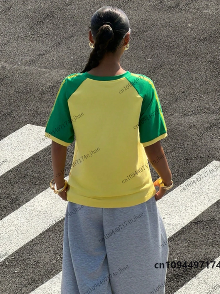 Summer New Letter Brazil Print T-Shirt For Women Patchwork Short Sleeve Streetwear Vintage Aesthetic O-neck Tees Casual Y2k Tops
