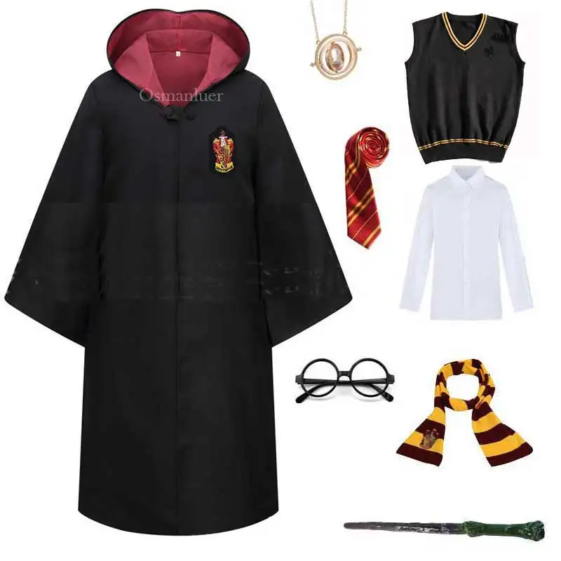 Kids Adult Magic School Uniform Cosplay Slytherin Ravenclaw Robe Cloak Sweater Scarf Tie Wand Halloween Costume