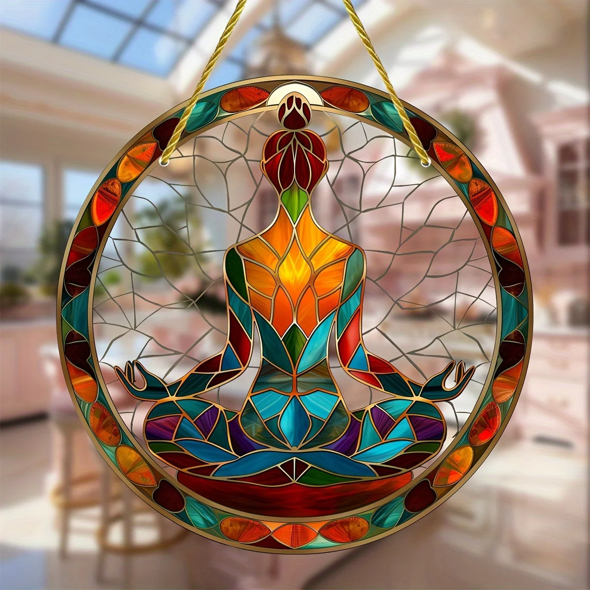 Yoga Symbol Stained Glass Suncatcher,Round Acrylic Hanging Decor,Garden,Porch,Window Decoration,Ideal Birthday Gift for Friends
