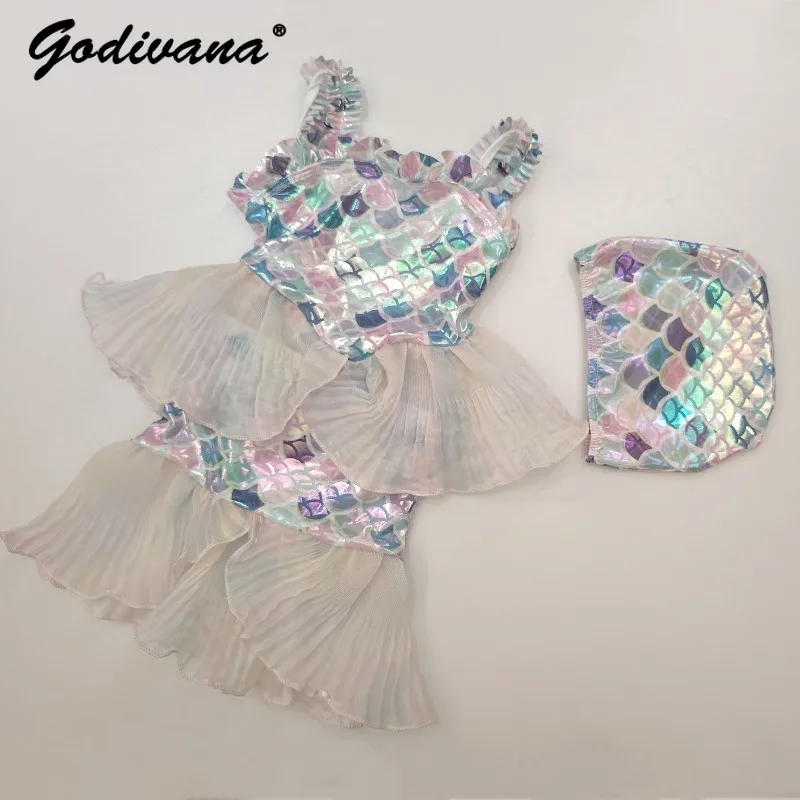 Baby Girls Mermaid One-piece Swimsuit 2026 Summer New Cute Cartoon Beach Vacationwear Kids Girls Anti-exposure Fishtail Swimwear