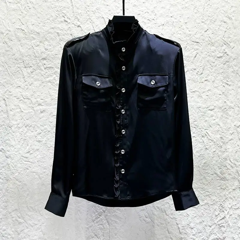 French Ruffle Stand Collar Epaulet Pocket Satin Silky Shirt Mens Autumn New Long Sleeve Casual Tops LM89K