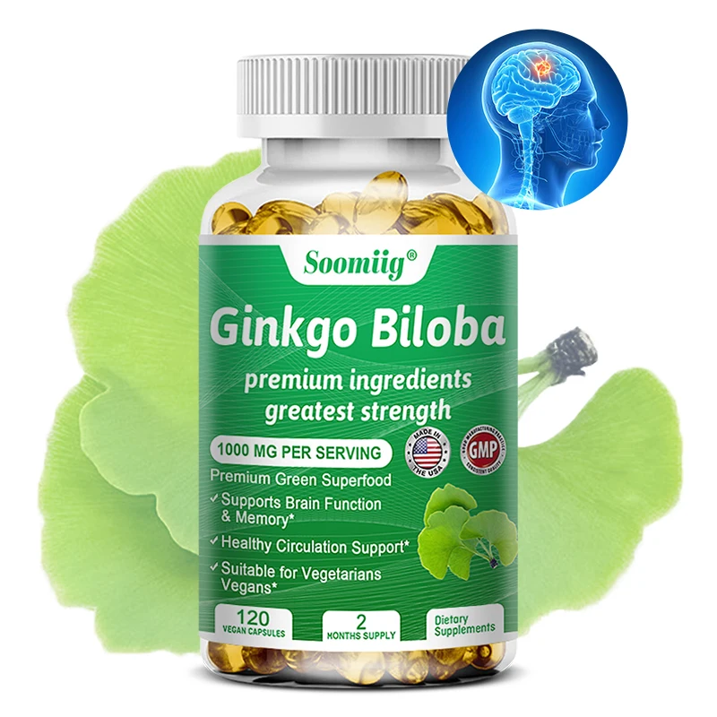 Le capsule Extra di Ginkgo Biloba organiche supportano la funzione cognitiva e la memoria, integratore alimentare per la salute generale e circolatoria