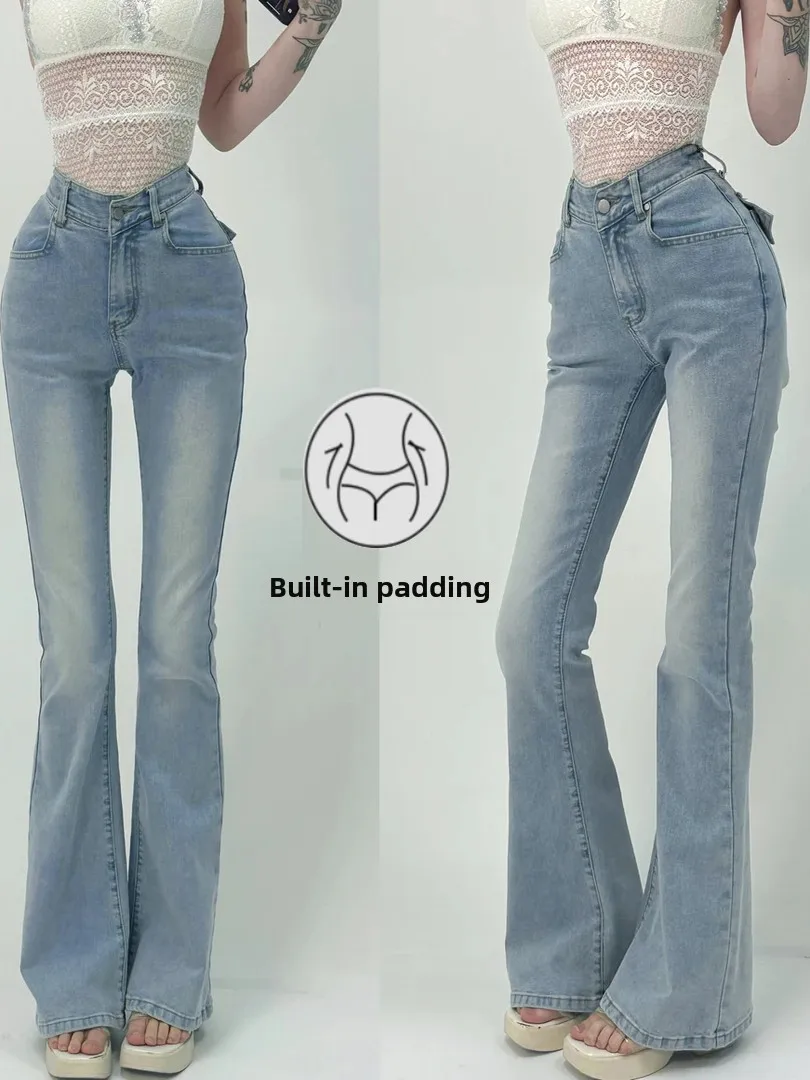 

Women's Slim Fit Jeans V Waist Design Bell Bot High Hip Ratio Korean Sle mid Stretch Denim Fabric Fall Collection