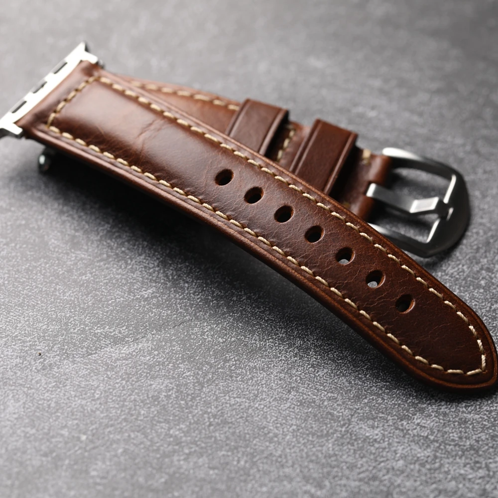 Handmade Oiled Wax Leather Strap For Iwatch9 Apple Watch Watchband S9 S8 Ultra2 Brown Soft 49MM 45 44 Men Brown Black Blue