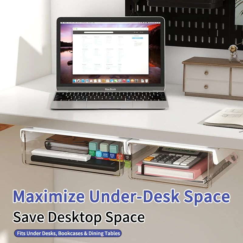 Multi Purpose Under Desk Drawer Self Adhesive Rails Compact Storage Solution for Home and Office Desks Bookcases and Tables