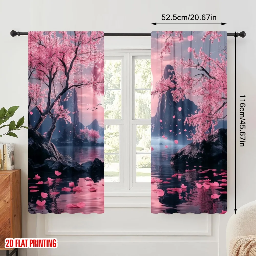 2pcs,2D plane printing Window Curtain Moonlit Blossoms Versatile Polyester (without rod) Decorations For Home Use for Living
