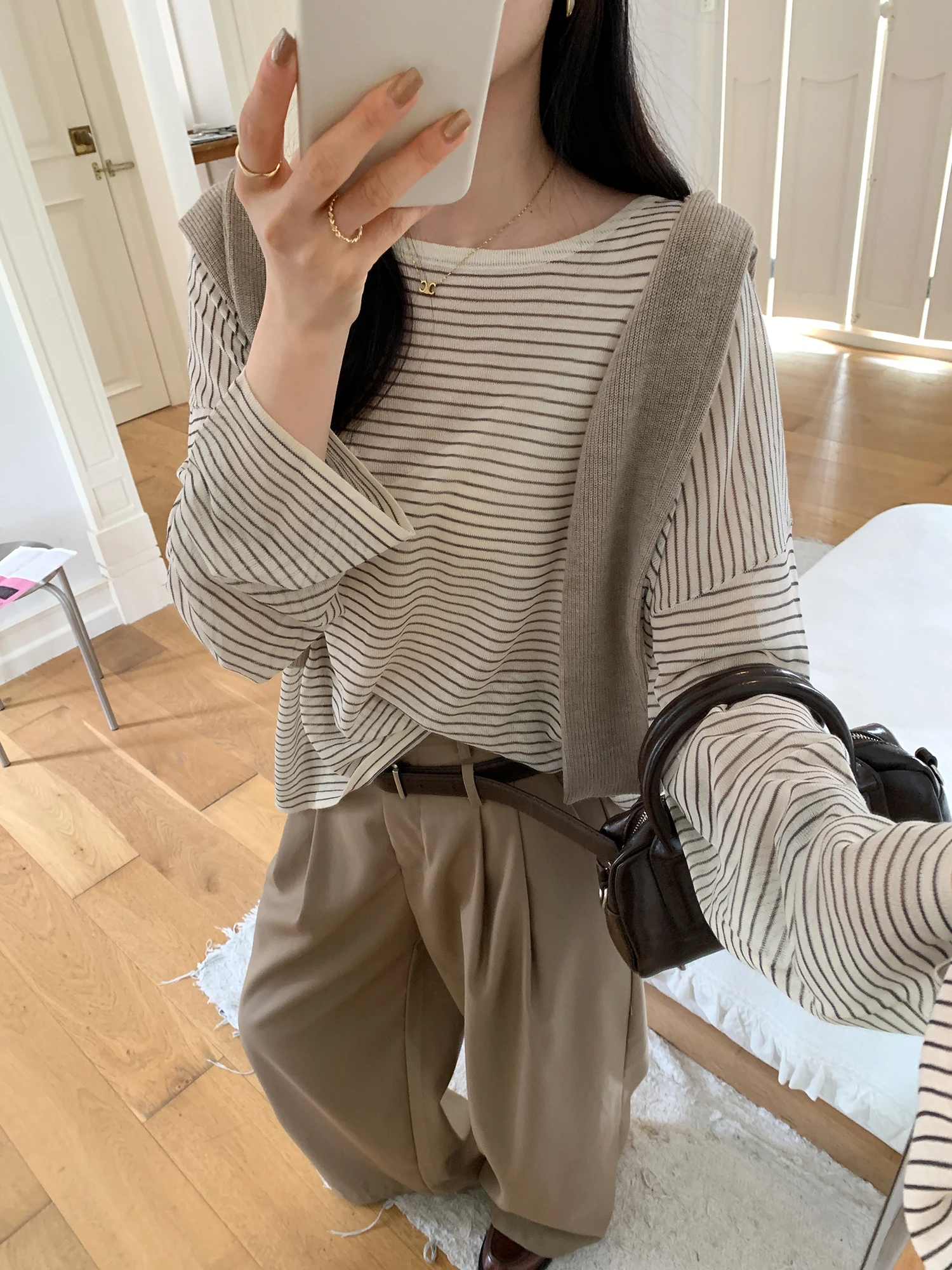 

Chic Korean Style Striped Knitted Cover up Top Women's Loose Slimming Inner Wear Base Shirt Long Sleeve round Neck Pullover