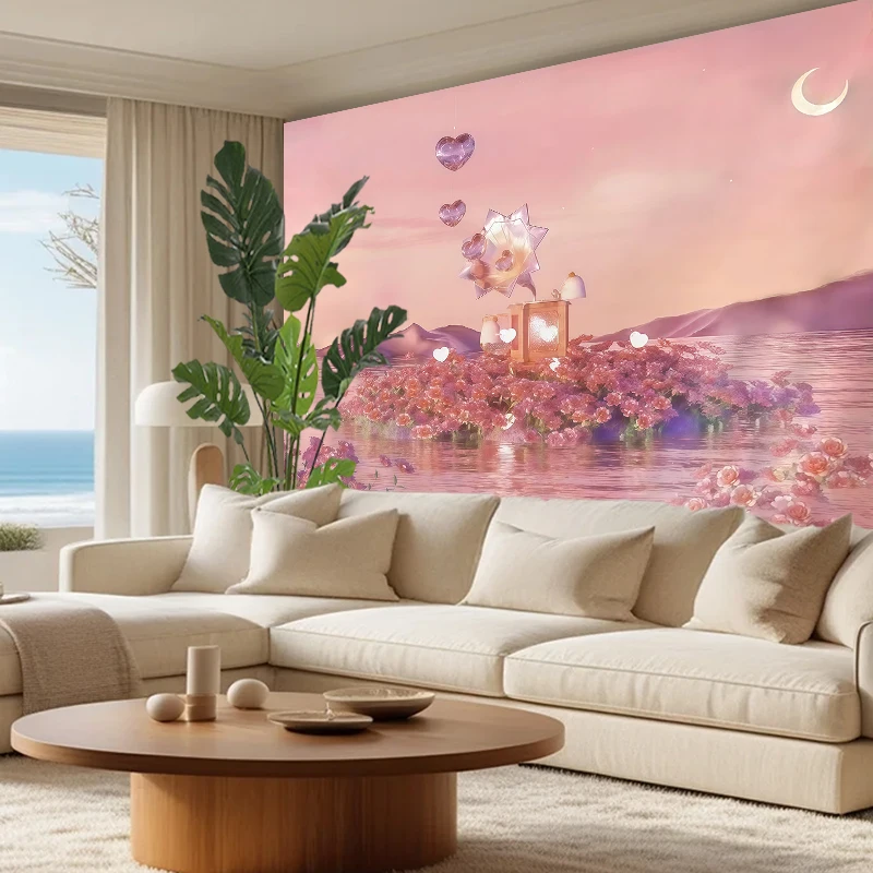 1PC Digital Print Tapestry Wall Hanging, Blue Tree Island Ocean Fantasy Art, Magical Dreamy Nature Landscape Wall Decor