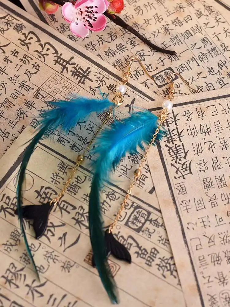 Nuevo carnaval Halloween Cos Cosplay plumas de pavo real azul corona para el pelo traje Hanfu sombreros antigüedad borlas accesorios para el cabello