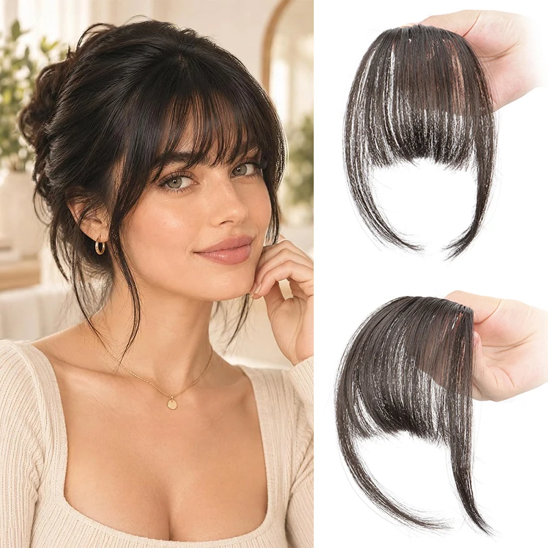 Synthetic Air Bangs Clip In Hair Extension for Women Through Wispy Fake Fringe Hairpiece Invisible Front Air Bangs Hair