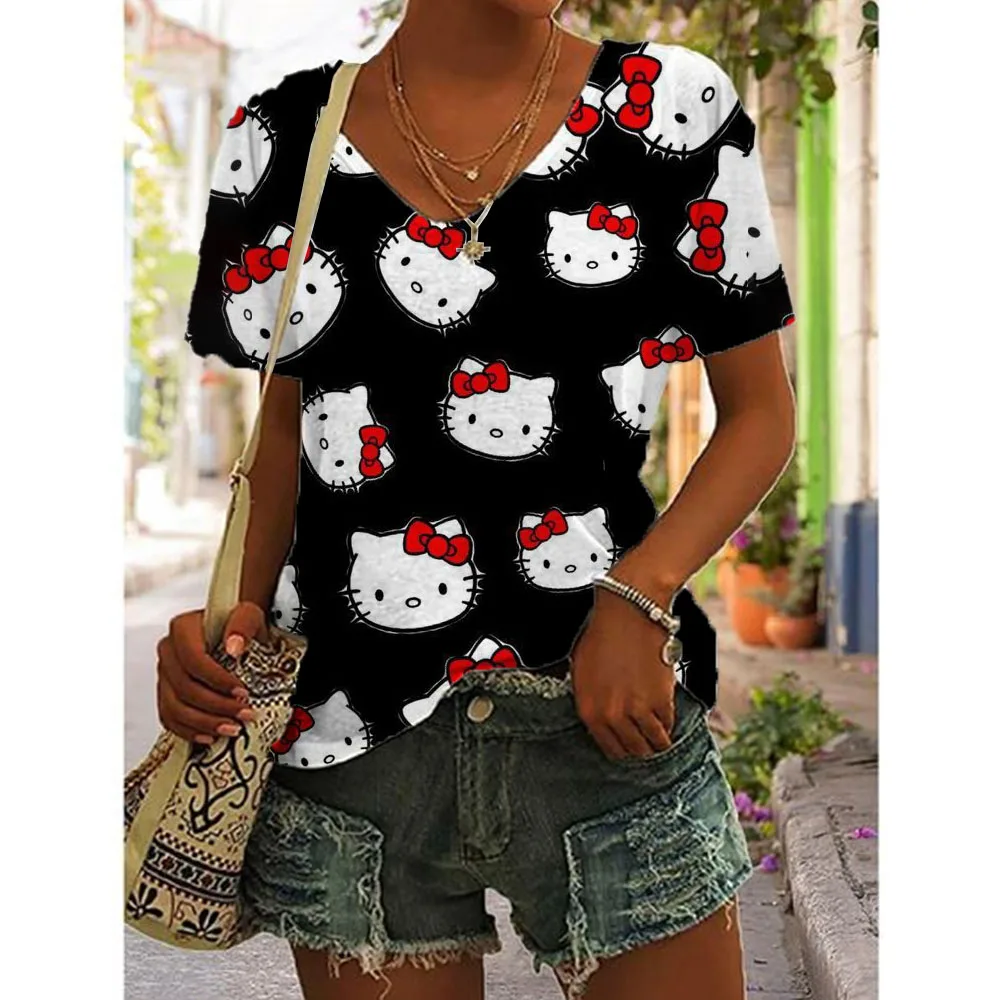 Cartoon T-shirt women\'s Hello Kitty printed short sleeved beautiful V-neck women\'s T-shirt casual summer top women\'s plus size