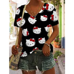 Cartoon T-shirt women's Hello Kitty printed short sleeved beautiful V-neck women's T-shirt casual summer top women's plus size