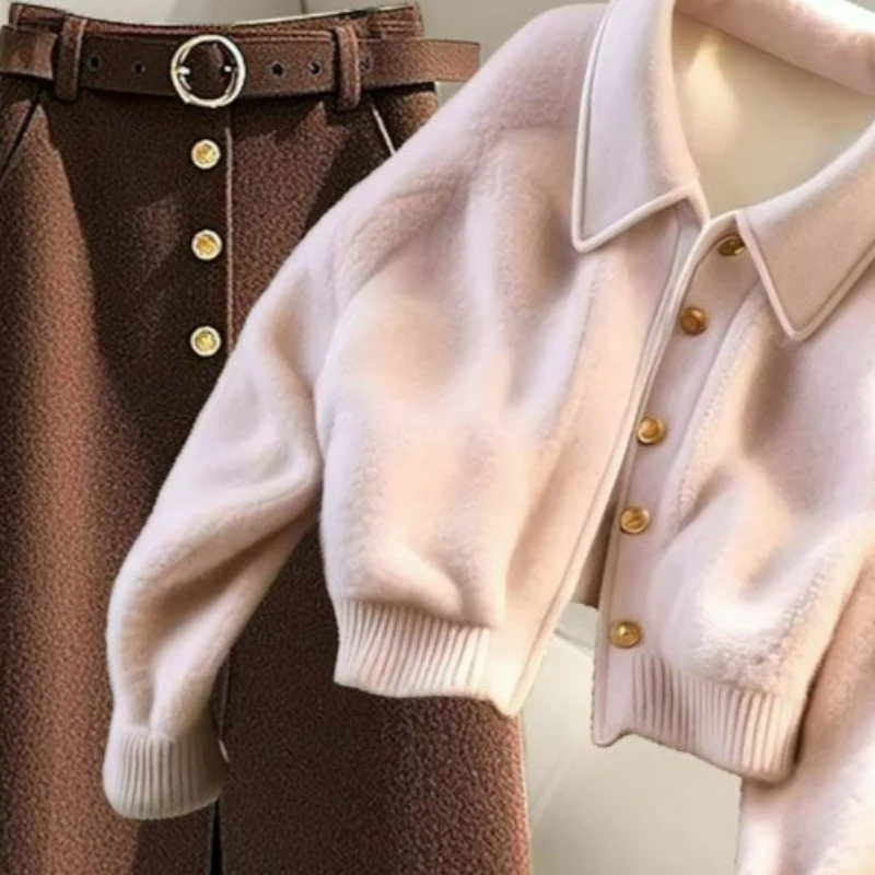 الكورية نمط أنيق الراقية واحدة الصدر معطف قصير حزام ألف خط تنورة المألوف قطعتين مجموعة للنساء في الخريف الشتاء