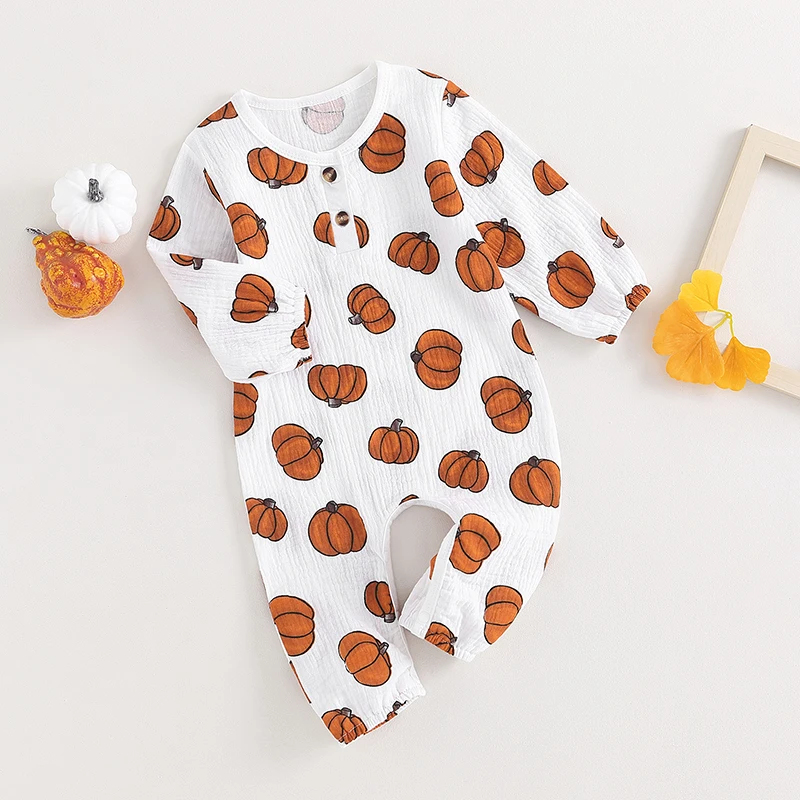 

Suefunskry Baby Halloween Clothes Pumpkin Print Toddler Rompers Long Sleeve Jumpsuit for Newborn Infant 0-24Months