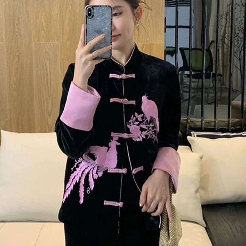 

2026 Spring Fall Women Chinese Style Vintage Embroidery Black Velvet Tang Coat , Woman Elegant Velour Coats
