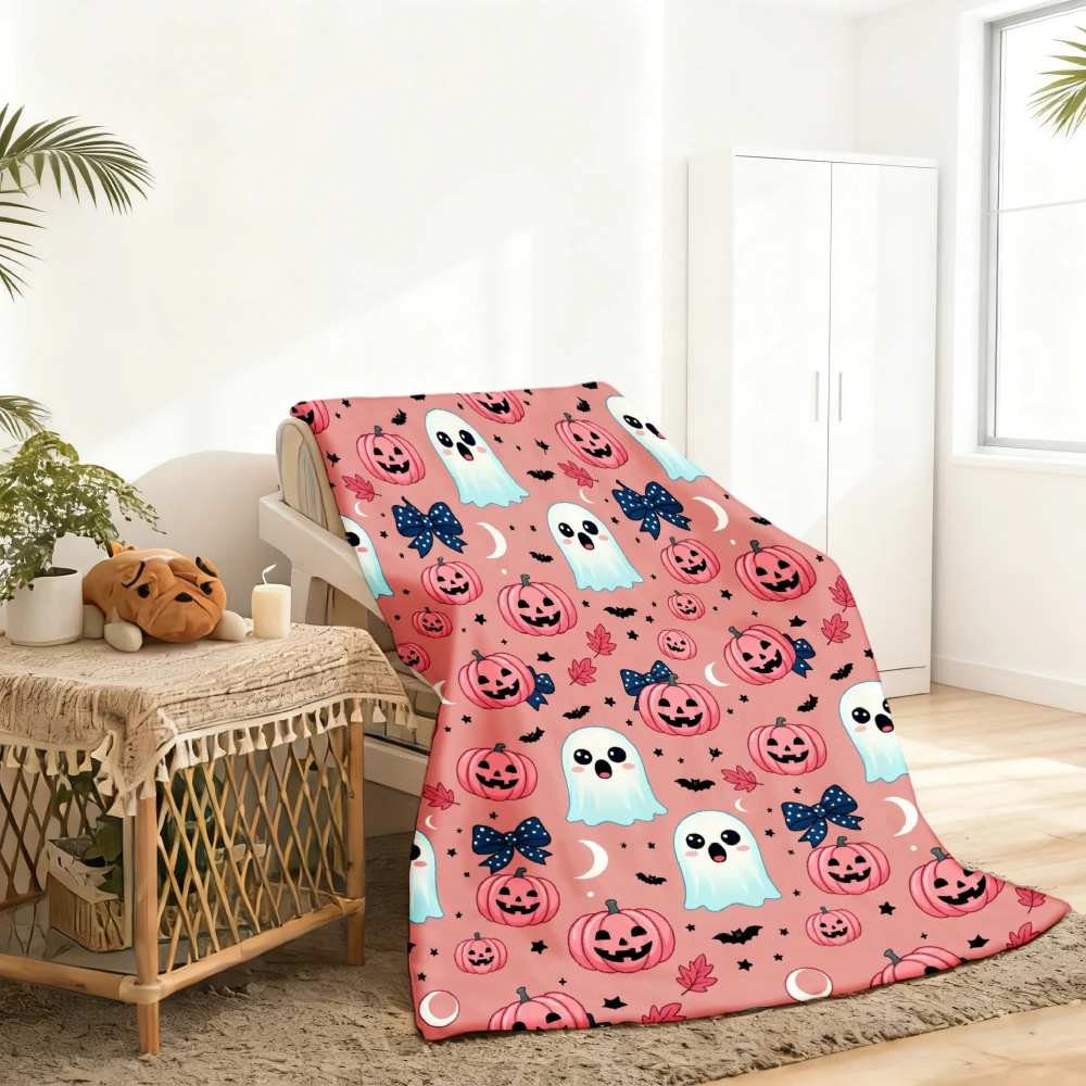 1pc Bohemian Flannel Blanket Suitable for -Season Cozy Bedspread with Pumpkin Bat Moon Leaf Print, Soft Warm Bed Cover for Sofa & Bed, Machine Washable Bedspread for, Room, - Autumn Winter Gift