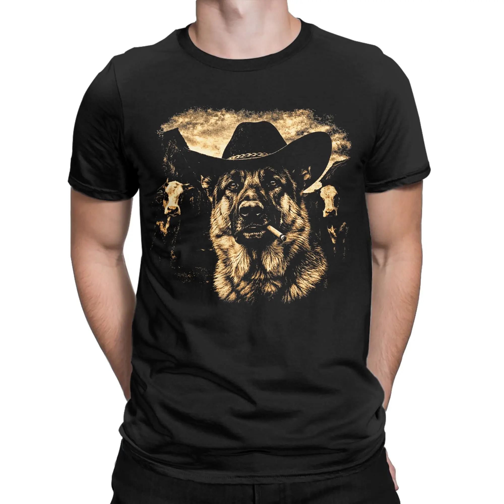 German Shepherd Dog Smoking T-Shirts for Men Women  Casual Cotton Tees Round Collar Short Sleeve T Shirts Gift Clothes