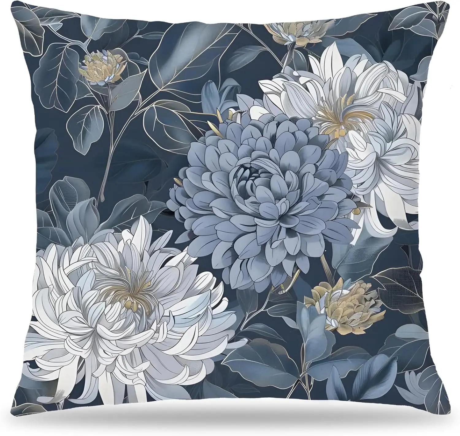 Vintage Blue and White Floral Throw Pillow Covers 18x18 | Oriental Chrysanthemum Flower Floral Throw Pillow Covers for Couch