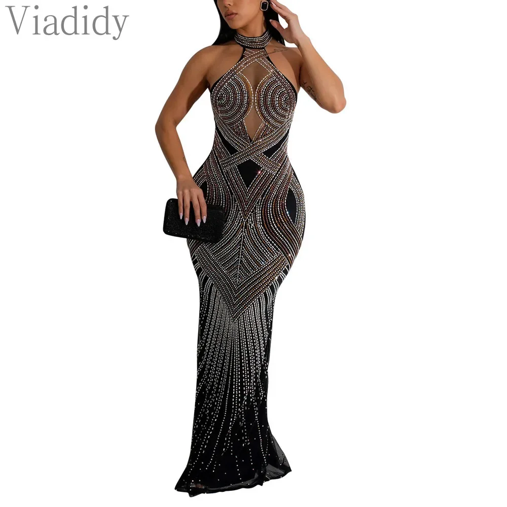 Dames sexy effen kleur halter pure mesh strass vloerlange feestjurk