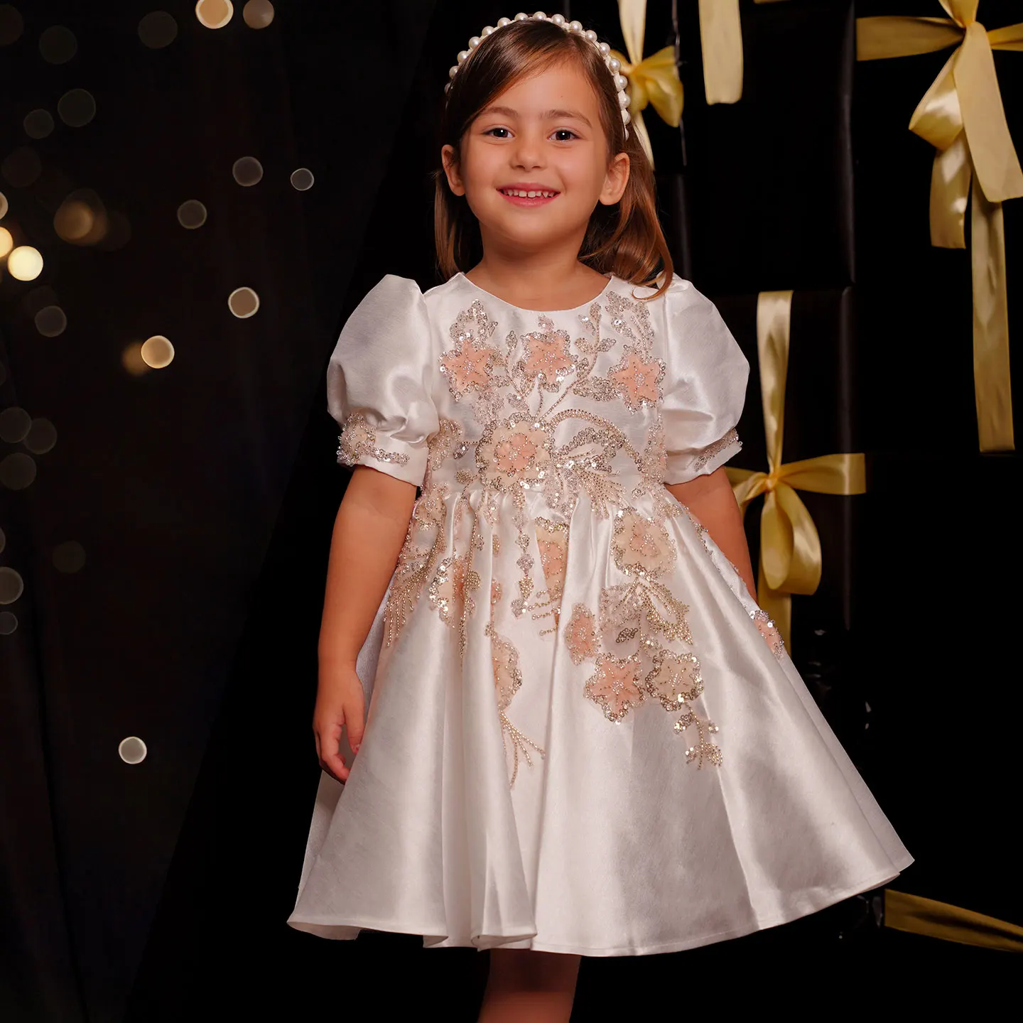 Jill Wish Luxury Off White Flower Girl Dresses Dubai Beading Sequined Princess Gown for Kids Wedding Birthday Party Pageant J085