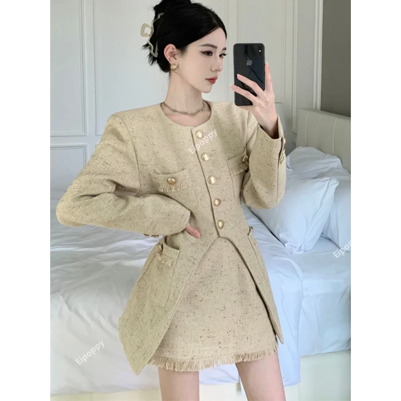 2024 New Small Fragrance Tweed Fashion Ladies Set Chic O Neck Jacket + vita alta A Line Slim Skirt Set coreano A due pezzi