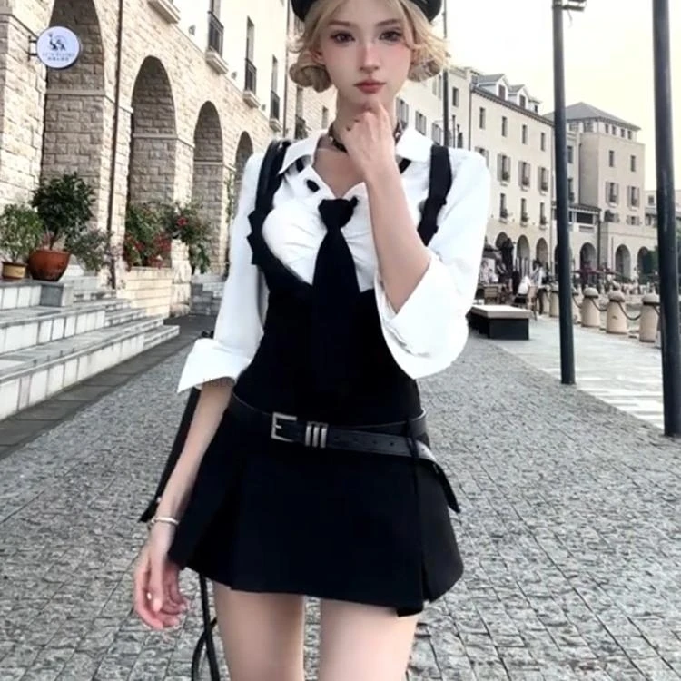 Spitze Patchwork Hemd Overall Set College Stil Schuluniform Zwei Stück Set Hohe Taille Abnehmen Kurzen Rock Zwei-stück Set