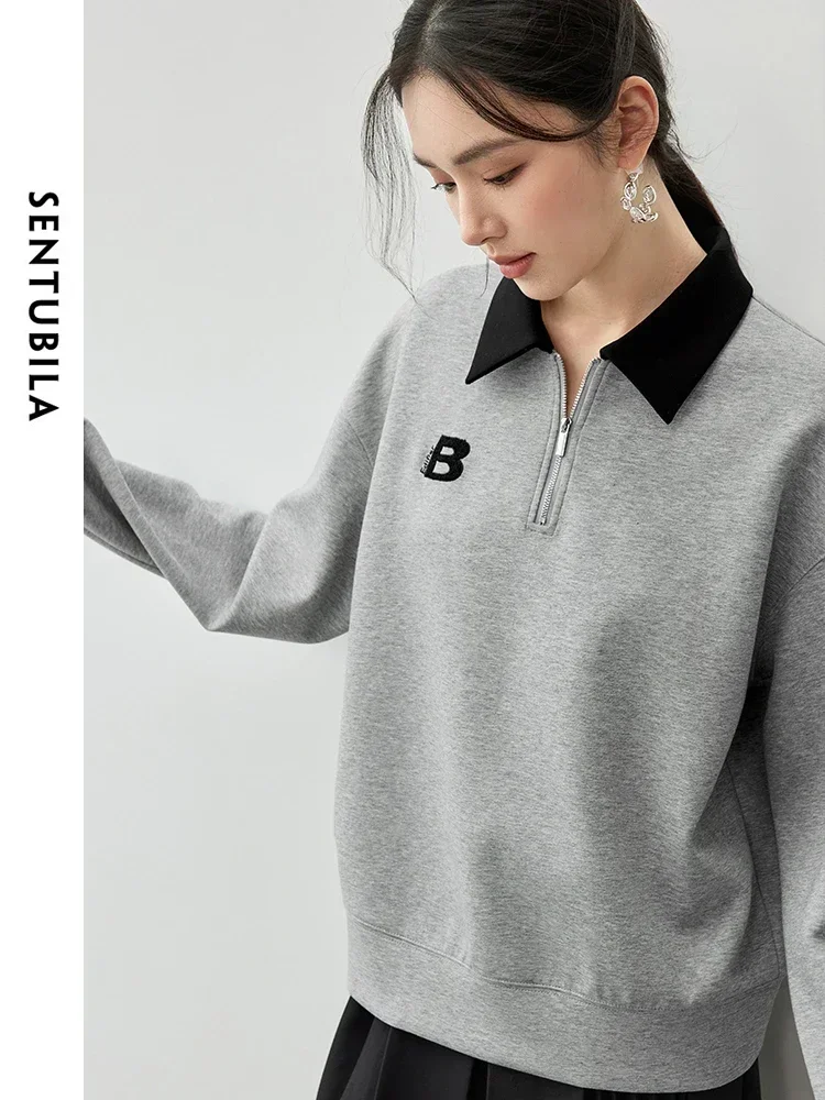 SENTUBILA Women Cotton Sweatshirt 2025 Spring Letter Embroidery Long Sleeve Tops Half Zip Casual Loose Pullovers Woman 143A56214