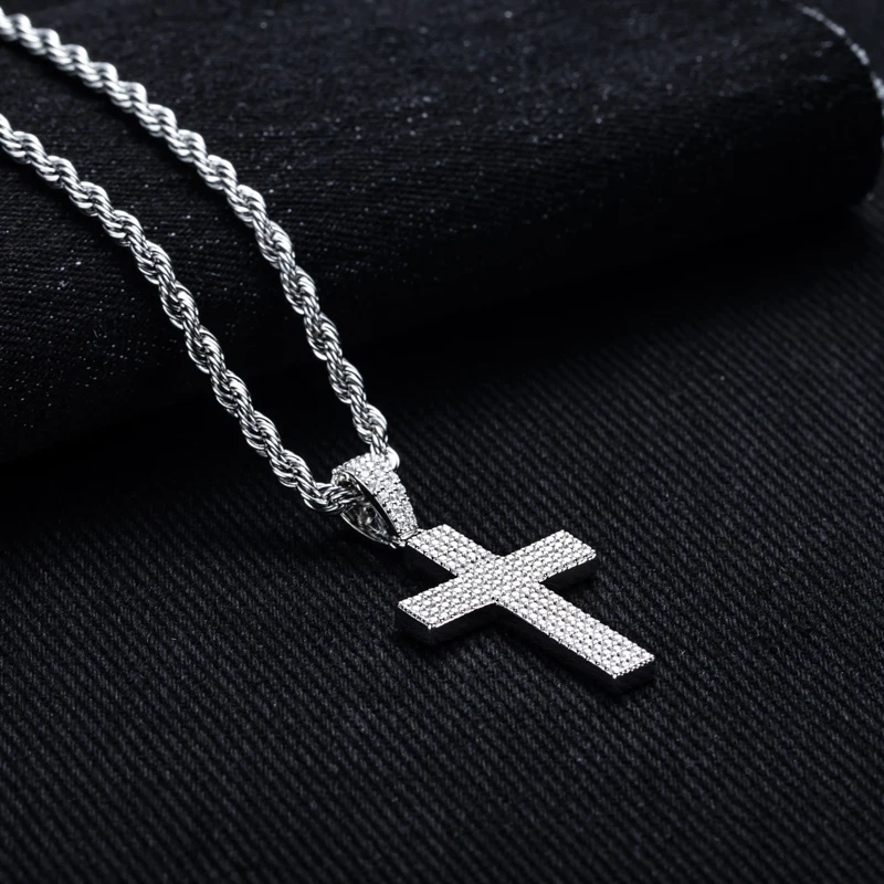 MossanRappr Moissanite Bling Cross Pendant Iced Out Hip Hop Necklace 925 Sterling Silver Punk Rock Jewelry Gifts for Men Women