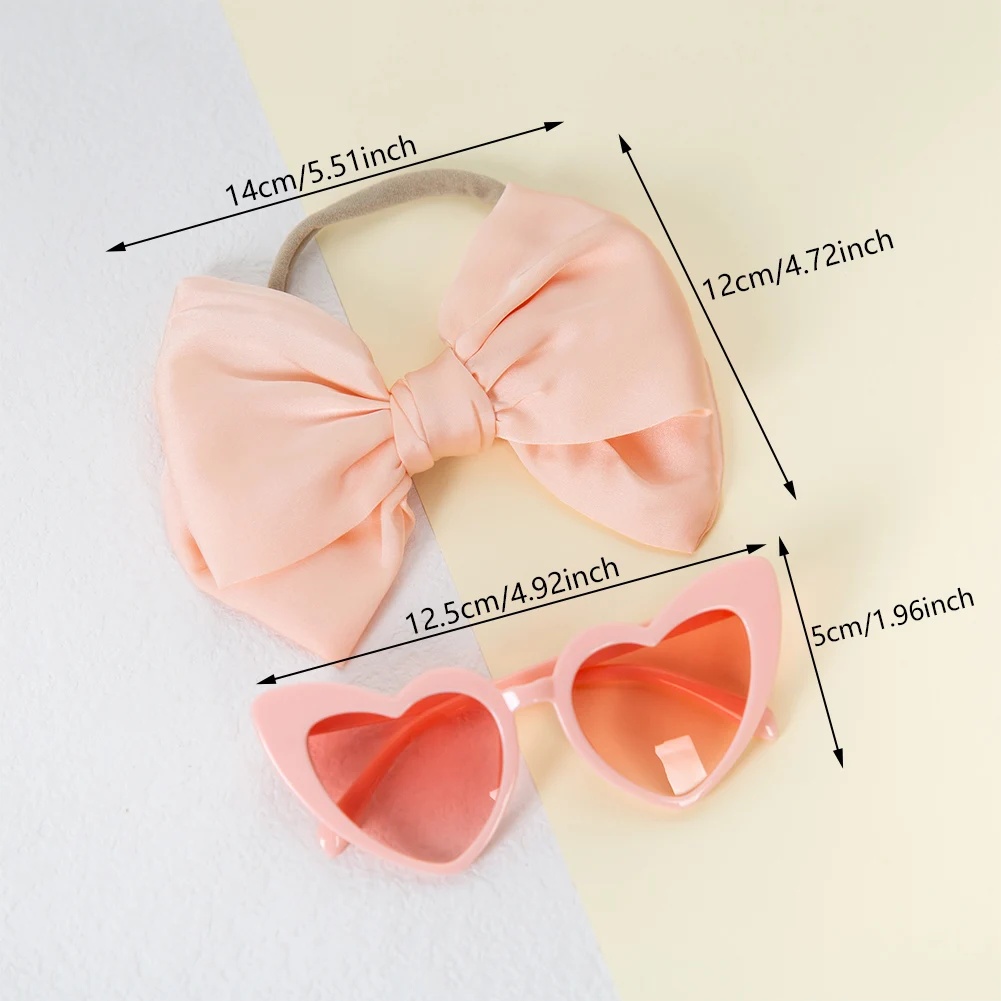 2Pcs/Set Heart Shape Baby Sunglasses with Silk Satin Hair Bow Headbands Fashion Party Gift Headwear Kids Boutique Headdress