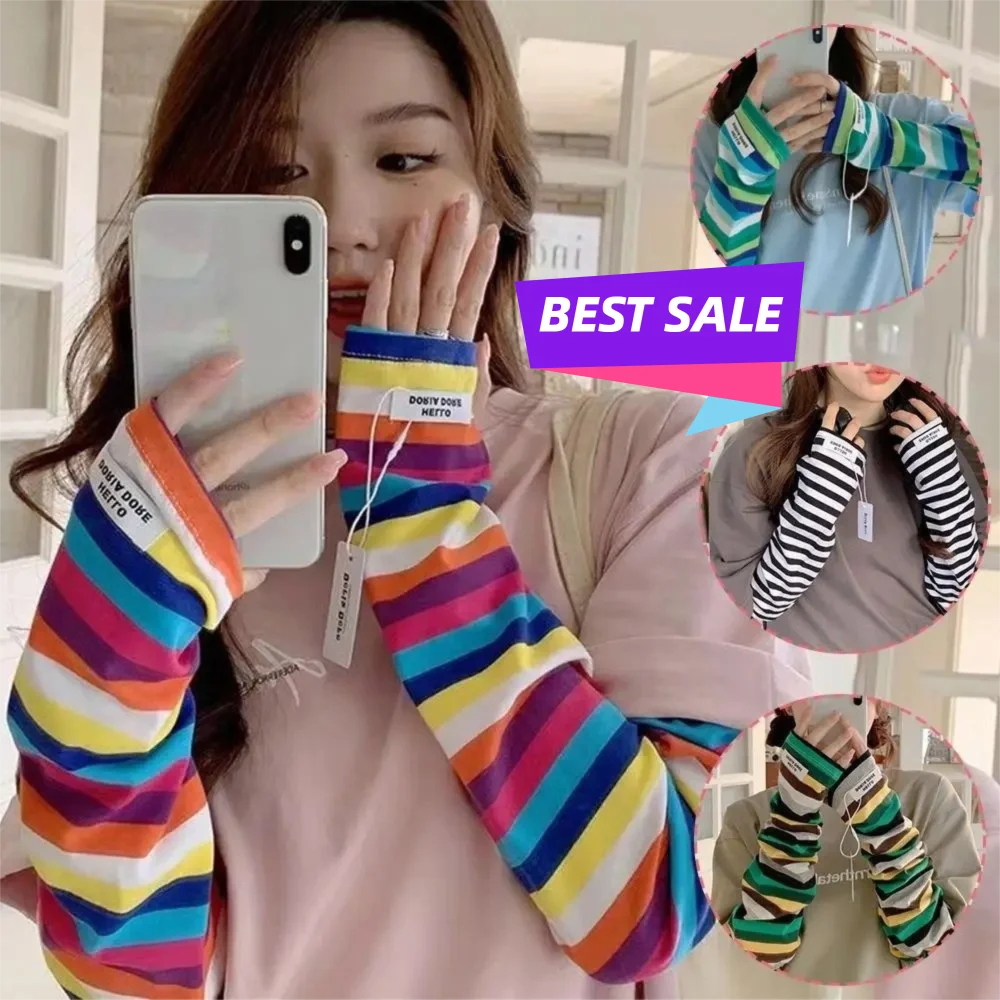 Y2k Color Strip Ice Arm Sleeve Long Loose Sunblock Sleeve Harajuku Stripe Anti-sunburn UV Protection Arm Gloves Women Girls