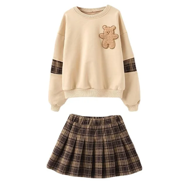 autumn winter Girls Clothes teenager bear hoodie t shirt + plaid shorts JK pleated skirt uniform 4 5 6 7 8 9 10 11 12 years