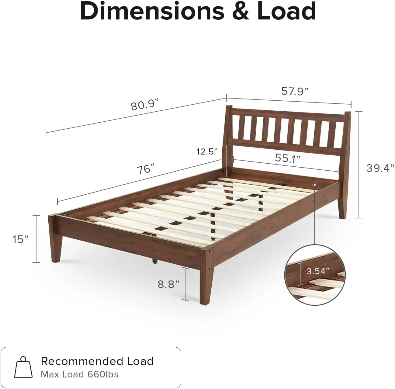 Ted Bed Frame with Headboard, Mid Century Modern Acacia Solid Wood Platform Bed Frame, Wooden Bed Slats