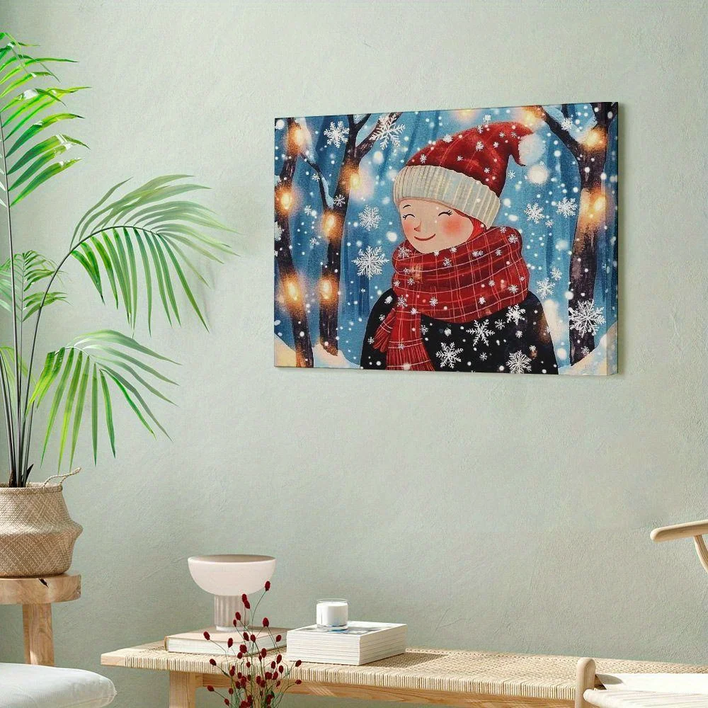 1pc inverno quente capa vermelha menina mural bonito nevado moldura de madeira em menina sorridente ilustração adicionar calor do feriado quadro de lona