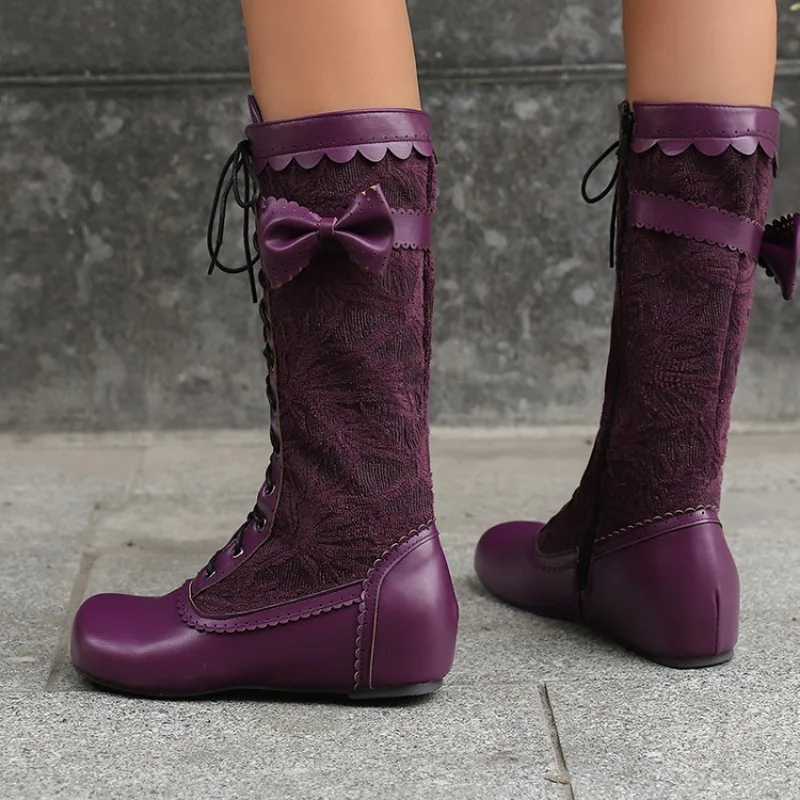 Japanese Sweet Lolita Bow Decor Knee High Boots For Women Hidden High Heel Plus Size Cosplay Daily Footwear