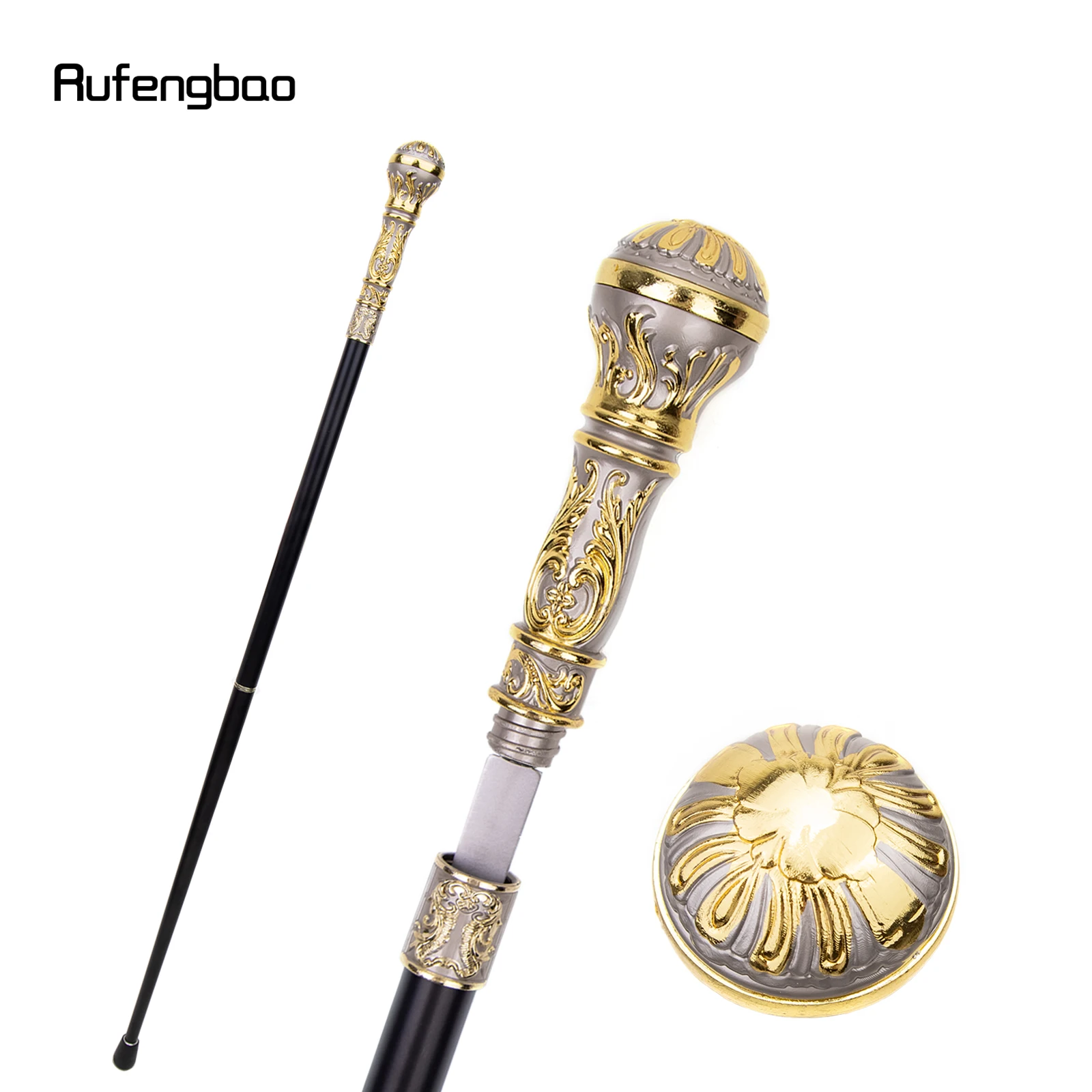 Golden Grey Luxury Round Handle Walking Stick with Hidden Plate Self Defense Fashion Cane Plate Cosplay Crosier Stick 93cm