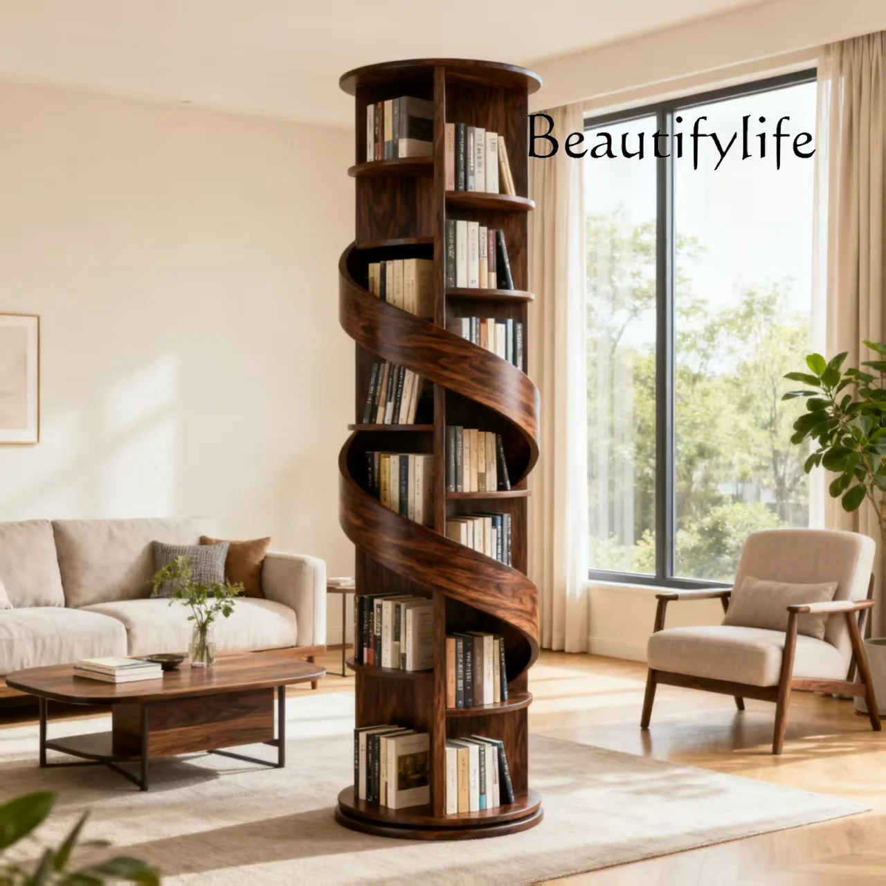 

Современная минималистичная спиральная книжная полка из североамериканского черного ореха в стиле песен, эстетичная вращающаяся книжная полка специальной формы для хранения