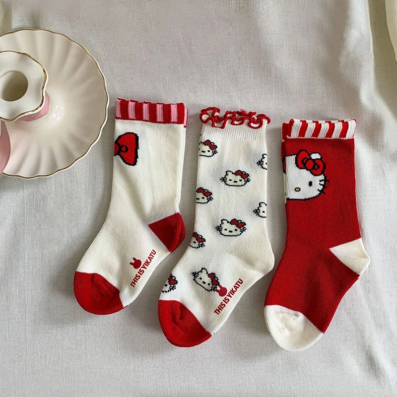 

Kid's Socks Spring Autumn Girls' Hello Kitty Printed Middle Tube Cotton Socks Red Christmas Sweat Absorbing Breathable Socks