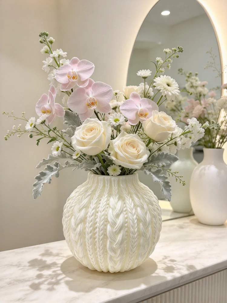 Atmospheric White Vase with Cable-Knit Texture, 3D Printed Silk-Like White Drum-Shaped Floral Vessel. the Three-Dimensional Woven Texture Adds Layers and Texture to Floral Arrangements, with a Milky White Base Color That Gently Highlights the Colors of the Bouquets. Suitable for Small Flowers Such as Roses, Phalaenopsis, Peonies, Etc. Easily Create a Healing Tabletop Floral Arrangement. Suitable for Dining Tables, Side Tables, Dressing Tables, and Bathroom Countertops. It Not Only Serves as a Floral Container but Also as a Warm Tabletop Decoration, Adding a Gentle Touch to Your Home Space