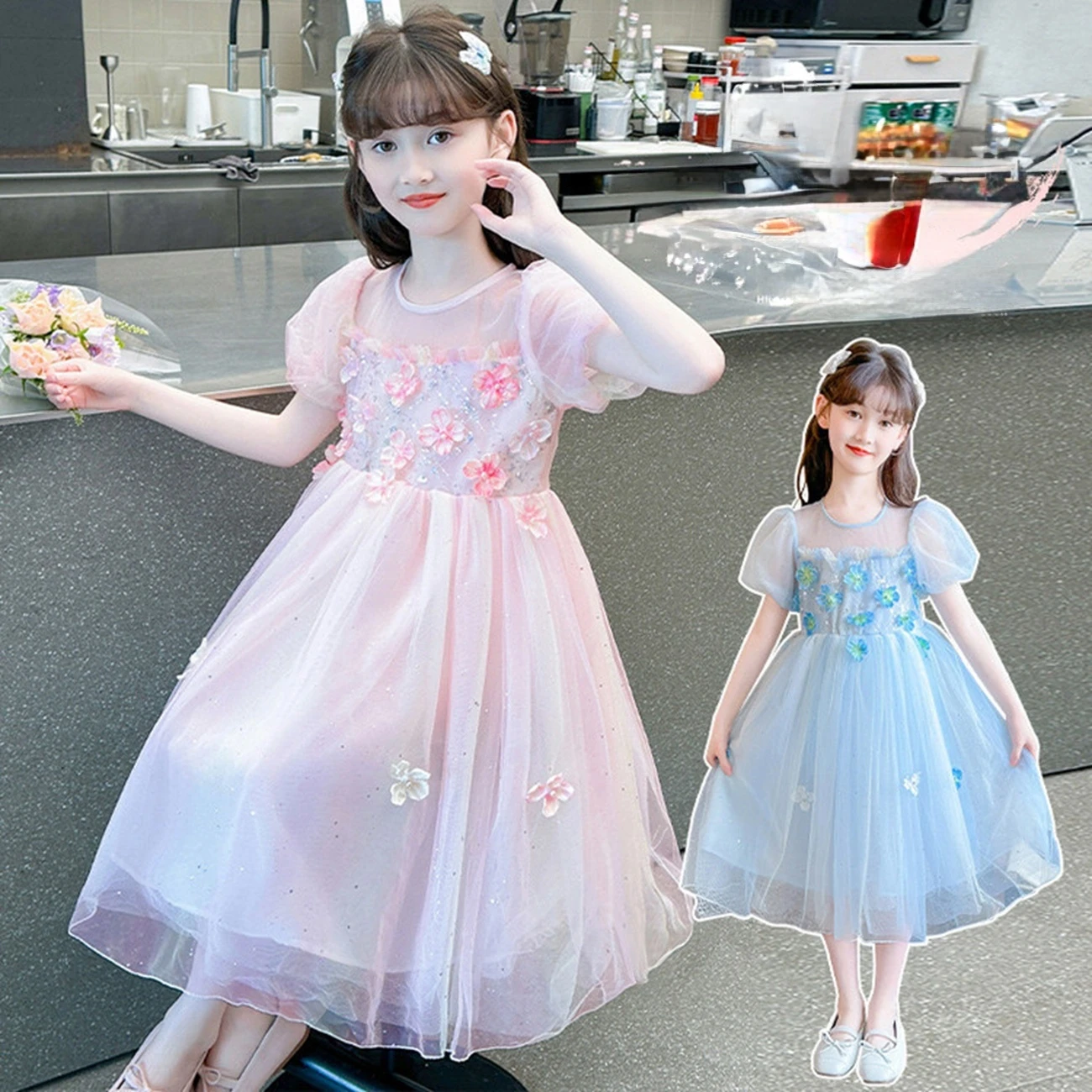 

Princess Girl Flower Dress with Three-Dimensional Sequin Mesh Casual Summer Outfit with Veil for Birthday Parties