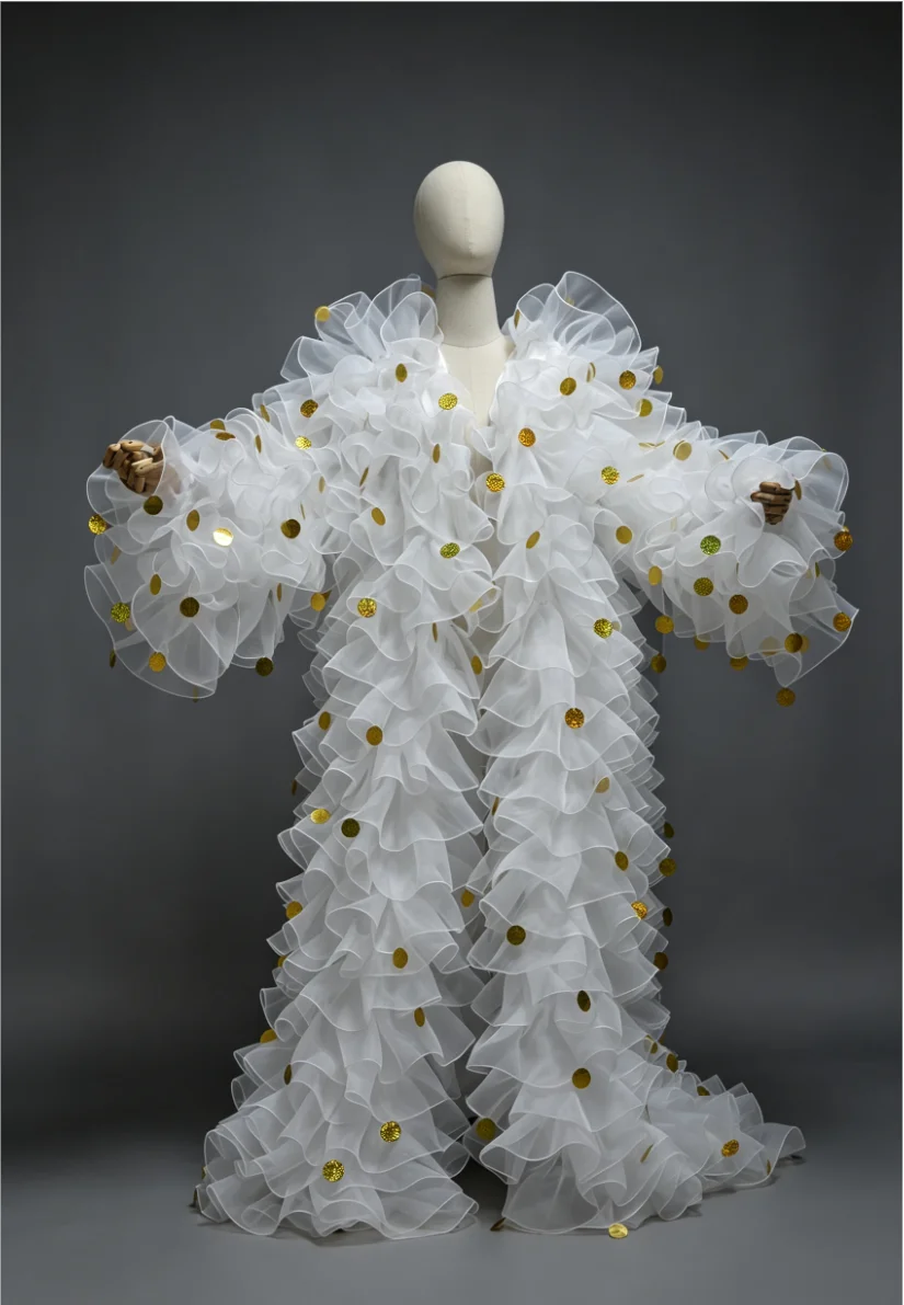 Organza Ruffles Robe Gold Sequin Jacket Stage Outerwear Coat Cross dressing Queen Performance Halloween Christmas Dress Up Custo