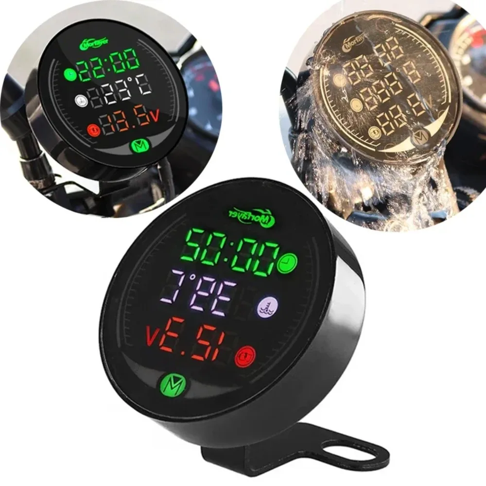 New 5 In 1 Motorcycle Water Temperature Meter USB Rechargable Time Voltmeter LED Night Vision Meter with Temperature Sensor