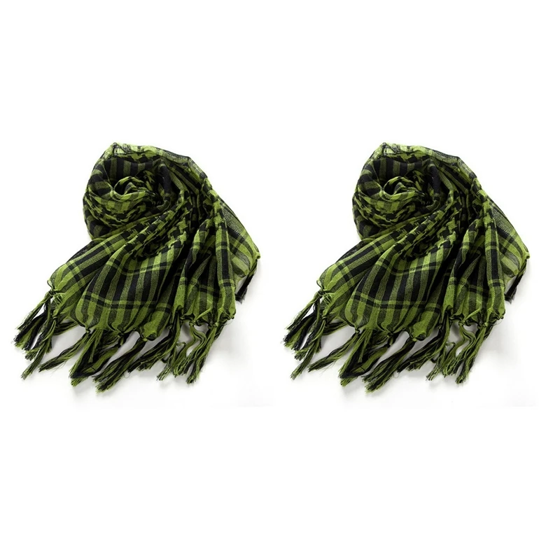 

2X Unisex Scarf Polyester Lightweight Plaid Tassel Arab Desert Shemagh, Green