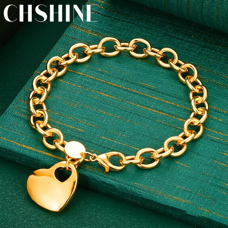 Pulsera de plata de ley 925 con baño de oro de 18K, de eslabones circulares gruesos y grandes, con dije de corazón recortado, para mujer, joyería de moda para fiestas.